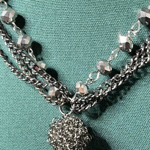 Multi Strand Grey Beaded Ball Tassel Necklace Titanium Silver Women 37in